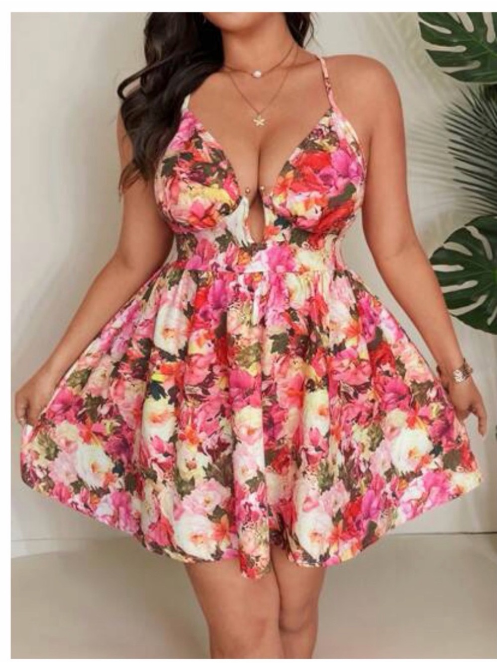 SHEIN Pink Multi Floral Plunge Fit-and-Flare Mini Dress